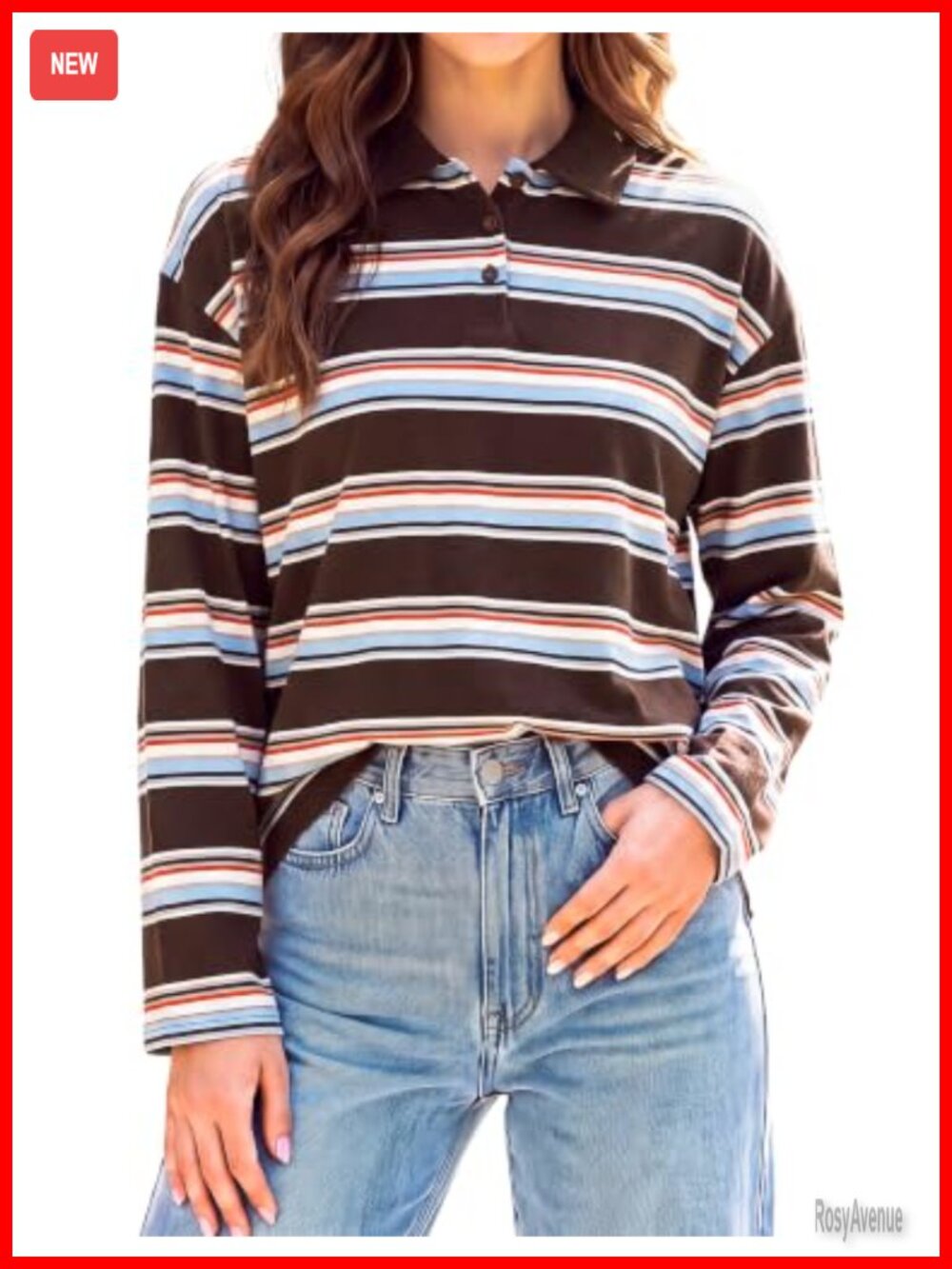 Rugby Striped Polo Shirt Long Sleeve Oversized Preppy Tops